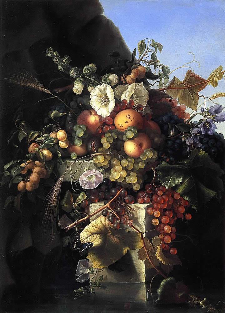 Adelheid Dietrich Still Life with Grapes_ Peaches_ Flowers and a Butterfly